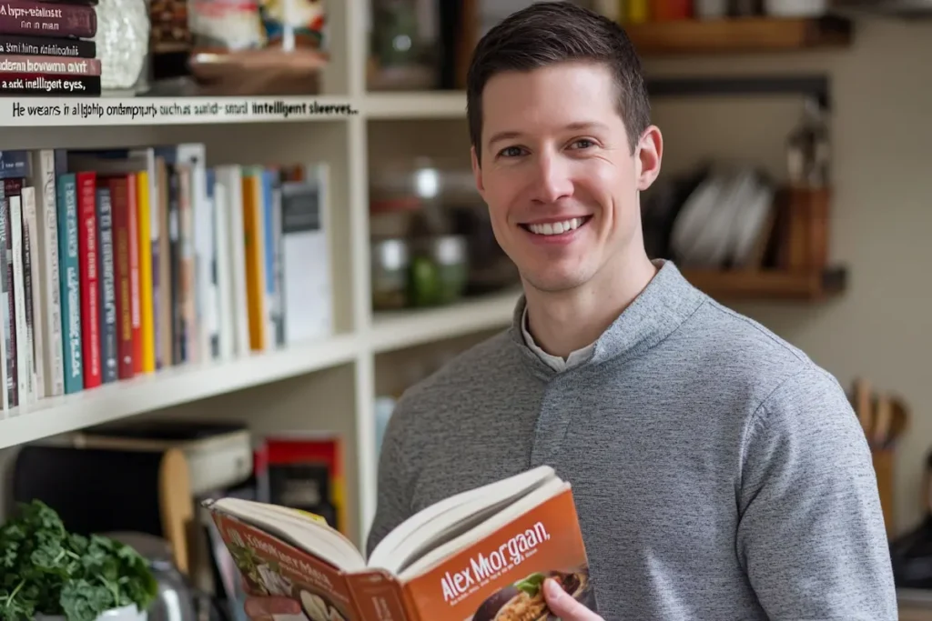 A hyper-realistic image of Alex Morgan, a smiling man in his mid-30s, standing in a modern kitchen holding an open book and a wooden spoon, surrounded by cookbooks and fresh ingredients.